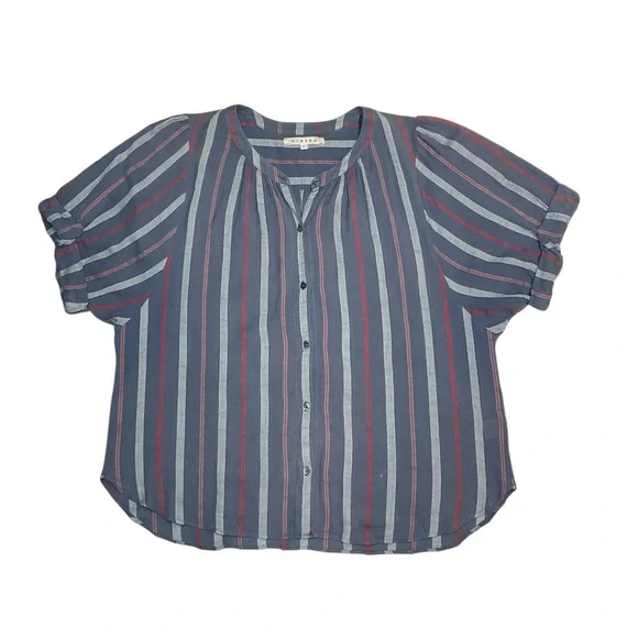 Xirena Chesney Roll Sleeve Button Down Shirt Size Large Blue Stripped 100%Cotton - Picture 3 of 8